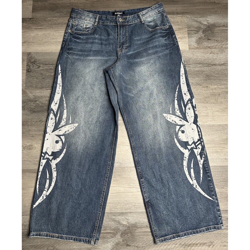 NWT Playboy Graphic Baggy Jeans Size 11 Tribal Bunny Wide Leg Y2K Denim